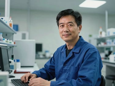 Corporate portrait of a technician in a modern high-tech laboratory, clean geometric lines, soft natural ambient light, authentic expressions, 35mm
