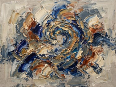 Straight-on orthographic crop of a contemporary oil painting on canvas, heavy impasto texture and raw linen grain, neutral diffused gallery lighting, clean white background, 50mm lens