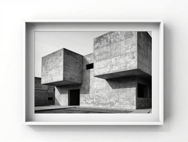 Minimalist silver halide photograph of brutalist concrete architecture, sharp shadows, rich grain texture, framed on a clean white gallery wall