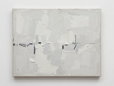 Orthographic straight-on shot of an abstract textured painting on canvas, heavy white and grey impasto brushstrokes, neutral gallery lighting