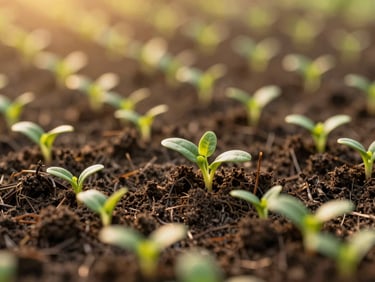 Close up of healthy rich dark organic soil with green seedlings sprouting, warm golden hour light, shallow depth of field, warm editorial photography, 35mm