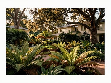 Lush layered woodland garden with native ferns and oak trees, dappled afternoon sunlight, high-end residential estate, warm editorial photography, 35mm