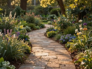 Natural stone pathway winding through a dense native Georgia garden with flowering perennial plants, soft golden sunlight, warm editorial photography, 35mm