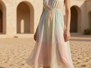 warm editorial fashion photography of a model in a flowing pastel dress, architectural sun-drenched outdoor background, golden-hour natural light, soft sand tones, shallow depth of field, 35mm