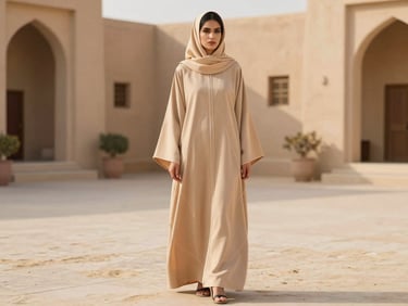 A model wearing a modern sand-colored abaya with clean geometric lines, standing in a sun-drenched courtyard, full-length shot, 35mm