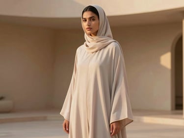 warm editorial fashion photography of a model wearing a modern light-colored abaya, minimalist high-ceilinged interior, diffused soft lighting, soft sand tones, shallow depth of field, 35mm