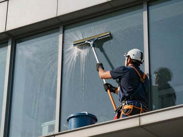 Close-up of a professional window cleaner using a squeegee on a large commercial facade window, natural daylight, water streaks disappearing, equipment bucket visible below on ledge