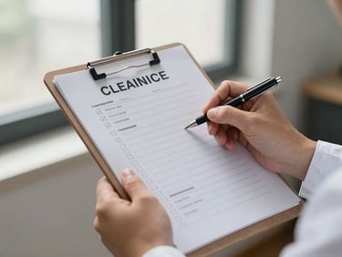 Hands holding a clipboard with a printed cleaning checklist, pen marking a completed item, neutral daylight through a clean window visible in background, professional uniform cuff visible