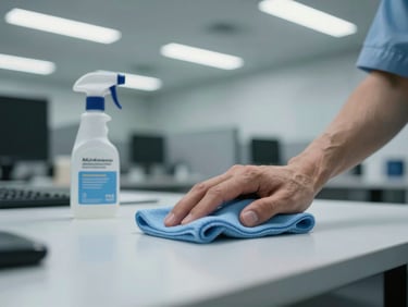 Close-up of a uniformed technician wiping a modern office desk surface under cool fluorescent light, cleaning cloth and labeled spray bottle visible, empty office in background