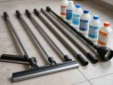 Close-up of professional window cleaning equipment arranged in a row on a tiled floor – squeegees, telescopic poles, labeled solution bottles, all in order under neutral indoor light