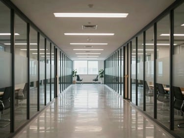 Wide shot of a spotless modern office corridor after cleaning, uniform overhead fluorescent lighting, polished floor reflecting ceiling lights, no people present, empty chairs visible through glass partition, neutral daylight from end window