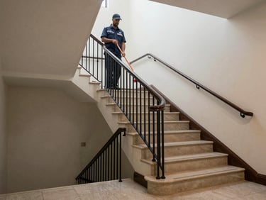 Wide shot of a clean residential stairwell with polished handrail and freshly mopped steps under neutral indoor light, INEA uniformed worker visible mid-stair holding a mop handle