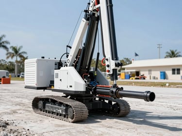 High-contrast industrial photography of a modern laser-guided directional boring rig on a clean Florida job site, bright daylight, 35mm
