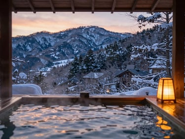 Secluded traditional Japanese ryokan hot spring bath overlooking a snowy mountain forest at dusk, warm lantern light