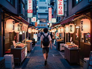 Vibrant neon-lit Tokyo alleyway at night, a single traveler walking past glowing lanterns and tiny yakitori stalls, high-contrast deep indigo shadows, 35mm