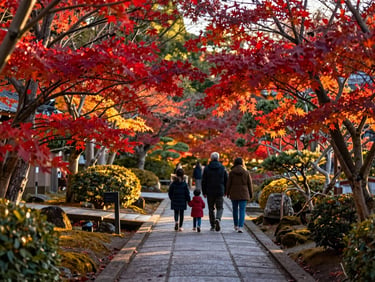 Vibrant Japanese garden in Kyoto during autumn, family walking along a stone path framed by deep red maple leaves, soft golden hour light, 35mm