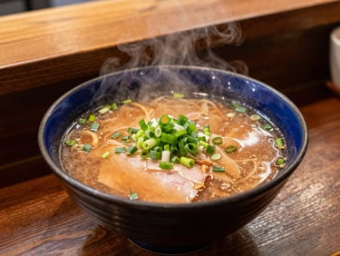 Close-up of a steaming bowl of regional Tonkotsu ramen with rich broth and fresh green onions, sitting on a dark wooden counter of a local shop, warm side light, 35mm