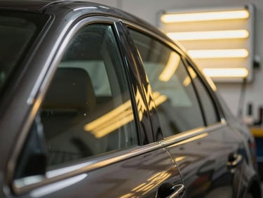 Macro shot of a dark metallic car door with a dent, reflecting distorted parallel yellow LED lines from a technician's inspection board in a clean workshop.