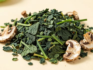 Dehydrated dark green spinach flakes and dried sliced button mushrooms on a neutral background, natural studio lighting
