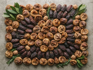 Crisp commercial photography of premium dried figs and dates arranged neatly on a clean concrete surface, bright natural daylight, rich earthy tones, sharp focus, 35mm lens