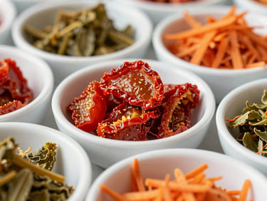 Dehydrated red tomato dices and vibrant orange carrot flakes in clean modern white bowls, daylight, sharp focus