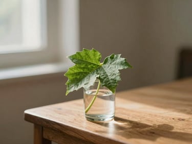 A close-up of a delicate green leaf cutting in a small glass vase on a wooden shelf, soft sunlight casting gentle shadows