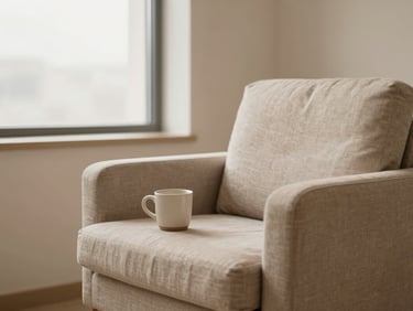 A warm-toned modern clinic recovery room with a soft linen armchair and a small ceramic mug, peaceful window light, shallow depth of field