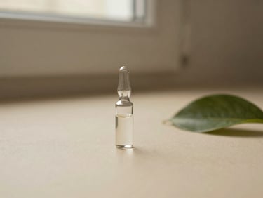 A small glass vial of medication sitting on a warm cream surface next to a soft green leaf, diffused morning light, 35mm