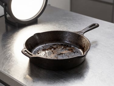 A heavily seasoned cast iron skillet with grease splatters on a stainless steel counter, overhead studio light, 50mm lens