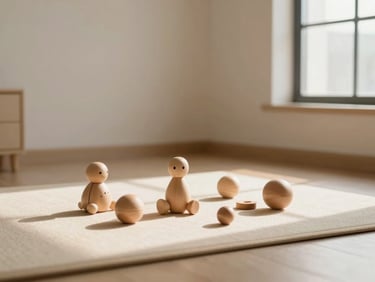 A peaceful therapy room with soft wooden toys on a light mat, warm diffused daylight, gentle minimalist setting.