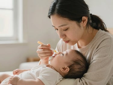 A mother gently feeding an infant in a warm-lit, peaceful room, focusing on safe swallowing and positioning