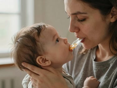 Close-up of supportive parent-child interaction, a mother gently supporting an infant's head during feeding, warm natural lighting, shallow depth of field.