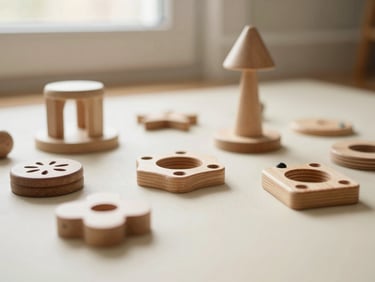 Soft-lit wooden developmental toys arranged neatly on a warm cream surface, shallow depth of field, natural light