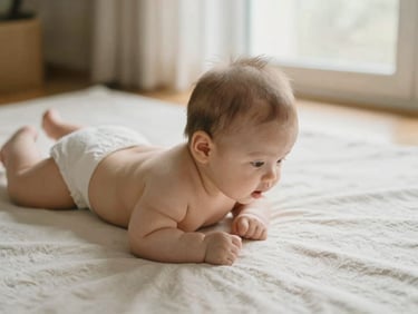 An infant lying comfortably on their tummy on a soft organic cotton mat, lifting their head gently, soft morning light