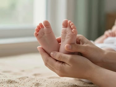 Close-up of a baby's tiny feet gently held by therapist's hands, soft natural window light, warm sand and sage green tones, shallow depth of field.