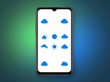 Flat-lay digital product photography of an Android device showing a minimalist weather app with crisp blue vector icons, studio lighting