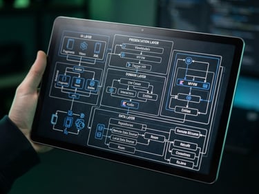 Macro shot of a physical Android tablet showing a crisp vector schematic of app architecture, clean studio lighting with subtle green ambient glow, sharp focus.