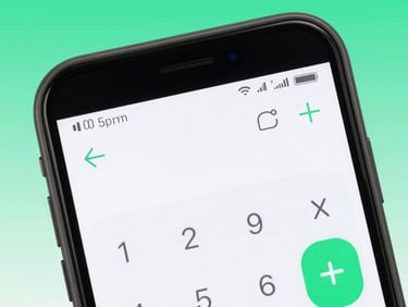 Close-up of a mobile screen showing a high-contrast native calculator interface, sharp focus, 50mm lens, subtle neon green highlights