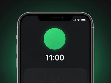 Close-up of an Android phone screen showing a minimalist, dark-mode timer app interface with a green accent, crisp UI, studio lighting.