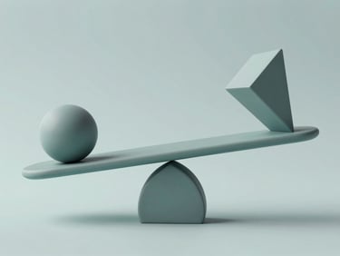 Abstract 3D geometric shape representing balance and growth, crisp studio light, desaturated slate and teal tones.