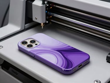 A freshly printed custom phone case with an electric violet abstract design, lying next to the UV printer nozzle inside the Vendori machine.
