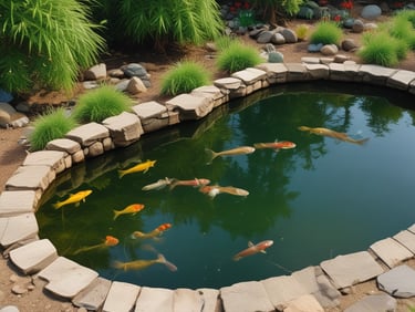 A serene pond with aquatic plants and fish.
