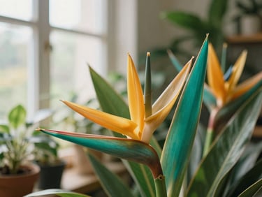 Close-up macro shot of vibrant tropical flowers in a sunlit nursery, soft-focus green foliage background, warm natural light, 35mm