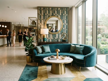 Medium shot of a warm, well-lit modern hotel lobby corner with rich teal accents and gold details, soft natural window light, 35mm