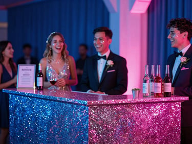 Vibrant wedding glitter bar setup, adults laughing with sparkling cheekbones, dramatic party lighting, rich saturated blues and pinks, 35mm lens