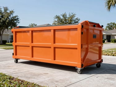 Low-angle shot of a clean 10-yard orange roll-off dumpster parked neatly on a suburban Orlando concrete driveway, bright direct Florida sunlight, crisp shadows