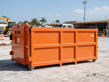 Clean branded safety-orange 40-yard roll-off dumpster on a large commercial construction site, bright Florida sunlight, crisp shadows, heavy machinery in background.
