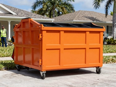 Clean branded safety-orange 10-yard roll-off dumpster on a residential driveway, bright Florida sunlight, crisp shadows, professional driver in high-vis vest nearby.