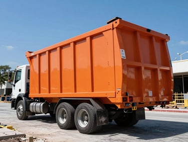 Low-angle hero shot of a heavy-duty delivery truck unloading a massive 40-yard orange dumpster at a downtown Orlando construction zone, high contrast
