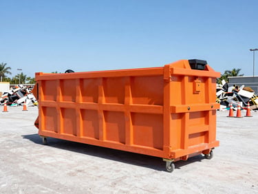 Clean branded safety-orange 20-yard roll-off dumpster on a construction site, bright Florida sunlight, crisp shadows, organized debris pile, safety cones.